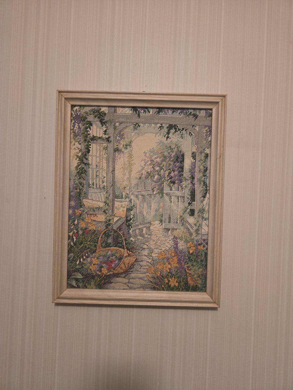 Source Unknown Cream-Framed Floral Garden Needlepoint Art